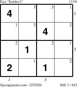The grouppuzzles.com Easy Sudoku-4 puzzle for Thursday February 5, 2026, suitable for printing, with all 3 steps marked