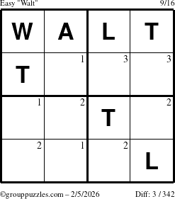 The grouppuzzles.com Easy Walt puzzle for Thursday February 5, 2026 with the first 3 steps marked