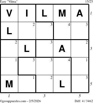 The grouppuzzles.com Easy Vilma puzzle for Thursday February 5, 2026 with all 4 steps marked