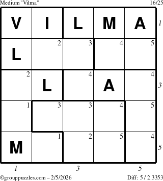 The grouppuzzles.com Medium Vilma puzzle for Thursday February 5, 2026 with all 5 steps marked