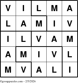 The grouppuzzles.com Answer grid for the Vilma puzzle for Thursday February 5, 2026