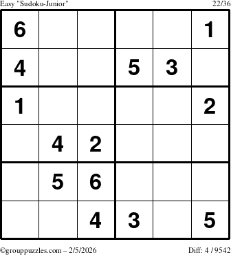 The grouppuzzles.com Easy Sudoku-Junior puzzle for Thursday February 5, 2026