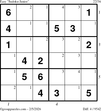 The grouppuzzles.com Easy Sudoku-Junior puzzle for Thursday February 5, 2026, suitable for printing, with all 4 steps marked