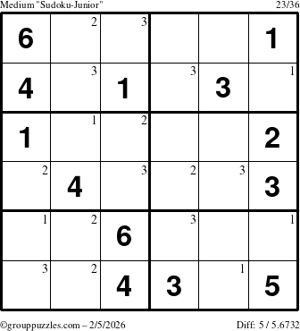 The grouppuzzles.com Medium Sudoku-Junior puzzle for Thursday February 5, 2026 with the first 3 steps marked