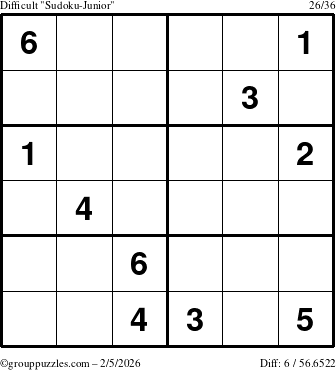 The grouppuzzles.com Difficult Sudoku-Junior puzzle for Thursday February 5, 2026
