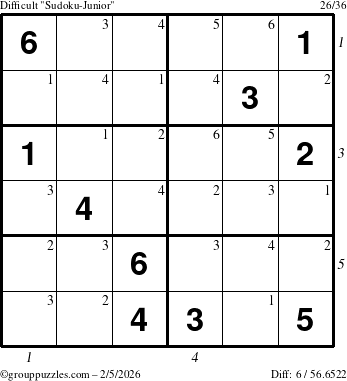 The grouppuzzles.com Difficult Sudoku-Junior puzzle for Thursday February 5, 2026, suitable for printing, with all 6 steps marked