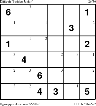 The grouppuzzles.com Difficult Sudoku-Junior puzzle for Thursday February 5, 2026 with the first 3 steps marked