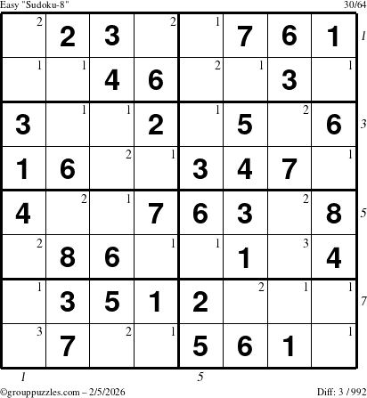 The grouppuzzles.com Easy Sudoku-8 puzzle for Thursday February 5, 2026 with all 3 steps marked