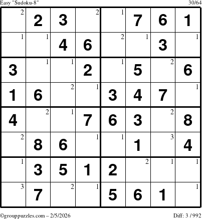 The grouppuzzles.com Easy Sudoku-8 puzzle for Thursday February 5, 2026 with the first 3 steps marked