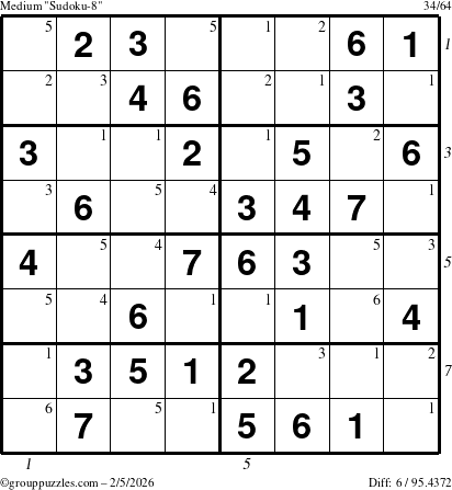 The grouppuzzles.com Medium Sudoku-8 puzzle for Thursday February 5, 2026, suitable for printing, with all 6 steps marked