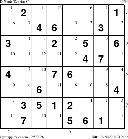 The grouppuzzles.com Difficult Sudoku-8 puzzle for Thursday February 5, 2026 with all 12 steps marked