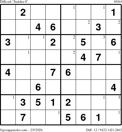 The grouppuzzles.com Difficult Sudoku-8 puzzle for Thursday February 5, 2026 with the first 3 steps marked