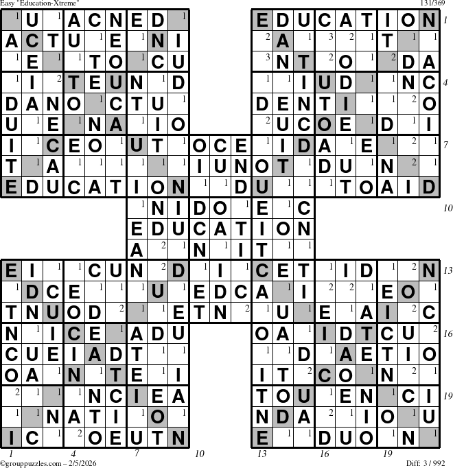 The grouppuzzles.com Easy Education-Xtreme puzzle for Thursday February 5, 2026 with all 3 steps marked