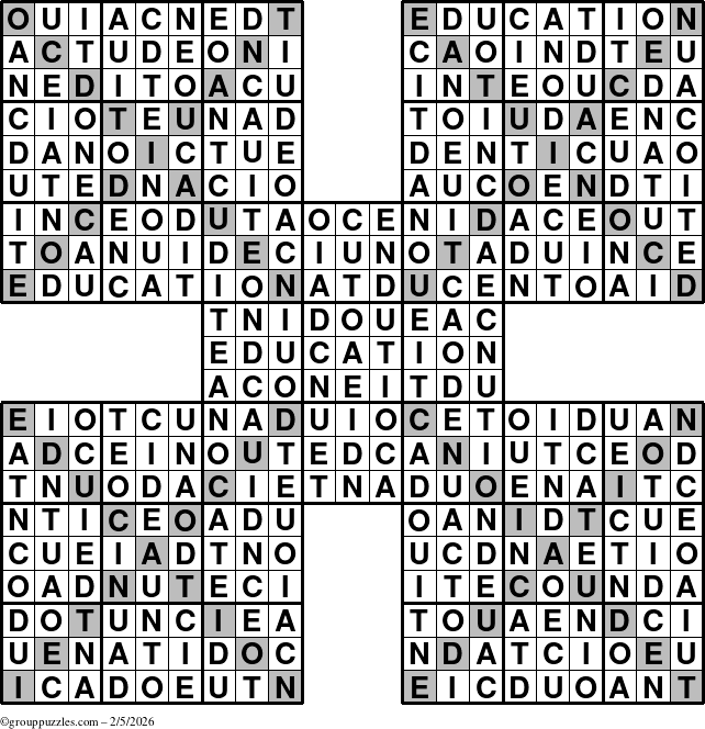 The grouppuzzles.com Answer grid for the Education-Xtreme puzzle for Thursday February 5, 2026