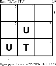The grouppuzzles.com Easy TicTac-STU puzzle for Thursday February 5, 2026, suitable for printing, with all 2 steps marked