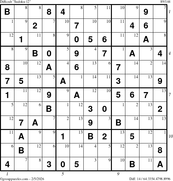The grouppuzzles.com Difficult Sudoku-12 puzzle for Thursday February 5, 2026, suitable for printing, with all 14 steps marked