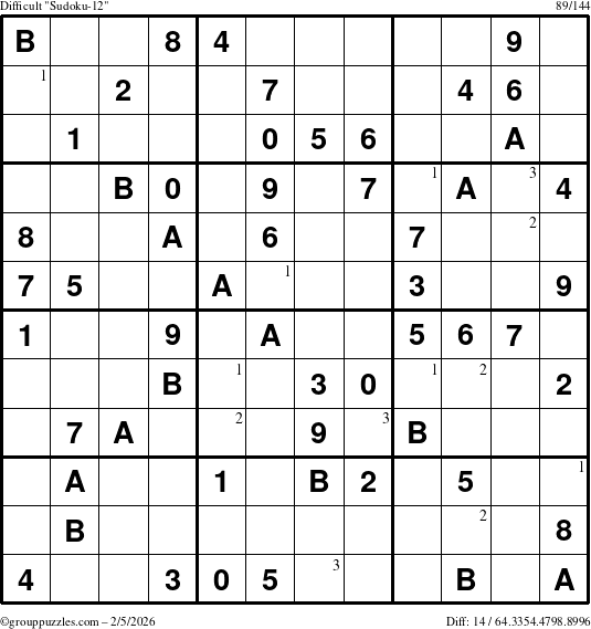 The grouppuzzles.com Difficult Sudoku-12 puzzle for Thursday February 5, 2026 with the first 3 steps marked