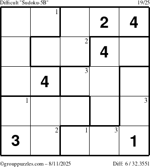 The grouppuzzles.com Difficult Sudoku-5B puzzle for Monday August 11, 2025 with the first 3 steps marked
