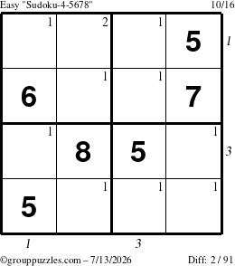 The grouppuzzles.com Easy Sudoku-4-5678 puzzle for Monday July 13, 2026, suitable for printing, with all 2 steps marked