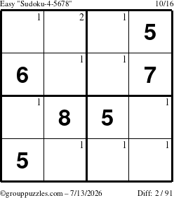 The grouppuzzles.com Easy Sudoku-4-5678 puzzle for Monday July 13, 2026 with the first 2 steps marked