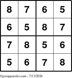 The grouppuzzles.com Answer grid for the Sudoku-4-5678 puzzle for Monday July 13, 2026