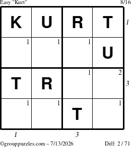 The grouppuzzles.com Easy Kurt puzzle for Monday July 13, 2026 with all 2 steps marked