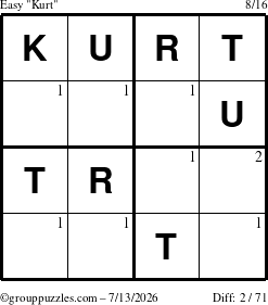 The grouppuzzles.com Easy Kurt puzzle for Monday July 13, 2026 with the first 2 steps marked