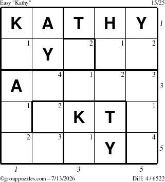 The grouppuzzles.com Easy Kathy puzzle for Monday July 13, 2026 with all 4 steps marked