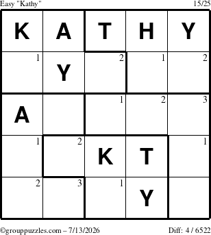 The grouppuzzles.com Easy Kathy puzzle for Monday July 13, 2026 with the first 3 steps marked
