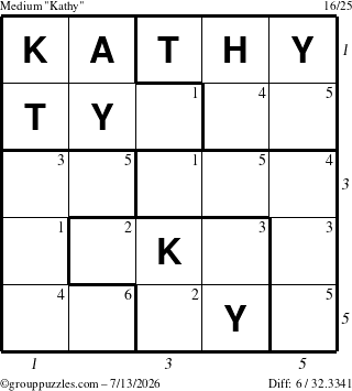 The grouppuzzles.com Medium Kathy puzzle for Monday July 13, 2026, suitable for printing, with all 6 steps marked