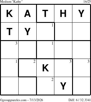 The grouppuzzles.com Medium Kathy puzzle for Monday July 13, 2026 with the first 3 steps marked