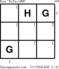 The grouppuzzles.com Easy TicTac-GHI puzzle for Monday July 13, 2026, suitable for printing, with all 2 steps marked