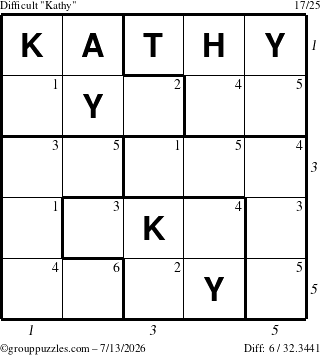 The grouppuzzles.com Difficult Kathy puzzle for Monday July 13, 2026, suitable for printing, with all 6 steps marked