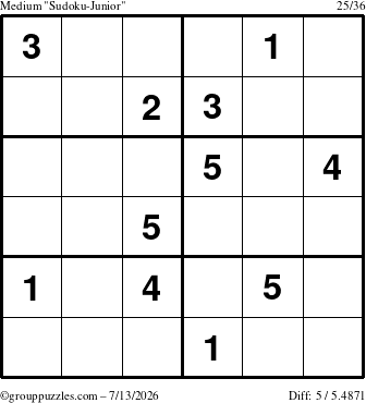 The grouppuzzles.com Medium Sudoku-Junior puzzle for Monday July 13, 2026