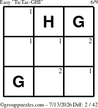 The grouppuzzles.com Easy TicTac-GHI puzzle for Monday July 13, 2026 with the first 2 steps marked