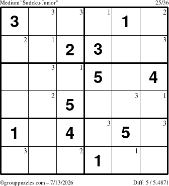 The grouppuzzles.com Medium Sudoku-Junior puzzle for Monday July 13, 2026 with the first 3 steps marked