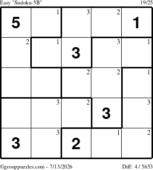The grouppuzzles.com Easy Sudoku-5B puzzle for Monday July 13, 2026 with the first 3 steps marked