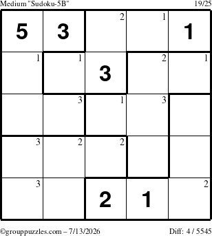 The grouppuzzles.com Medium Sudoku-5B puzzle for Monday July 13, 2026 with the first 3 steps marked