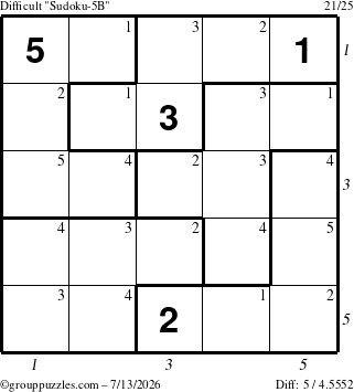 The grouppuzzles.com Difficult Sudoku-5B puzzle for Monday July 13, 2026, suitable for printing, with all 5 steps marked