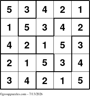 The grouppuzzles.com Answer grid for the Sudoku-5B puzzle for Monday July 13, 2026