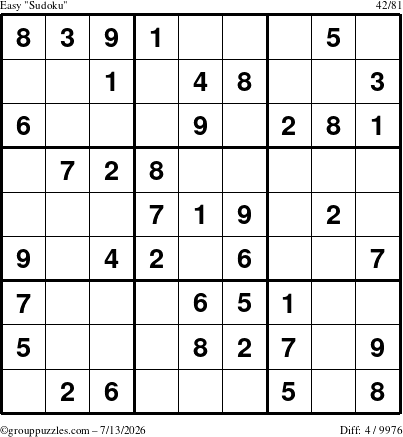 The grouppuzzles.com Easy Sudoku puzzle for Monday July 13, 2026