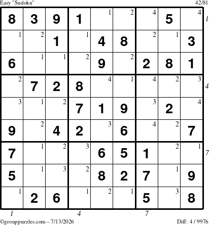 The grouppuzzles.com Easy Sudoku puzzle for Monday July 13, 2026, suitable for printing, with all 4 steps marked