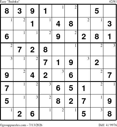 The grouppuzzles.com Easy Sudoku puzzle for Monday July 13, 2026 with the first 3 steps marked