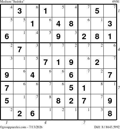 The grouppuzzles.com Medium Sudoku puzzle for Monday July 13, 2026, suitable for printing, with all 8 steps marked
