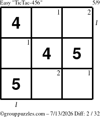 The grouppuzzles.com Easy TicTac-456 puzzle for Monday July 13, 2026 with all 2 steps marked