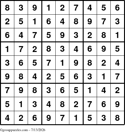 The grouppuzzles.com Answer grid for the Sudoku puzzle for Monday July 13, 2026