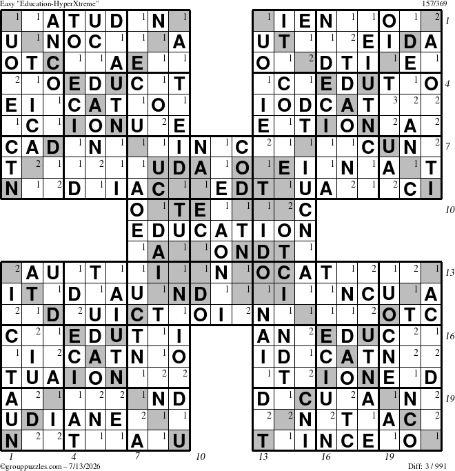 The grouppuzzles.com Easy Education-HyperXtreme puzzle for Monday July 13, 2026, suitable for printing, with all 3 steps marked