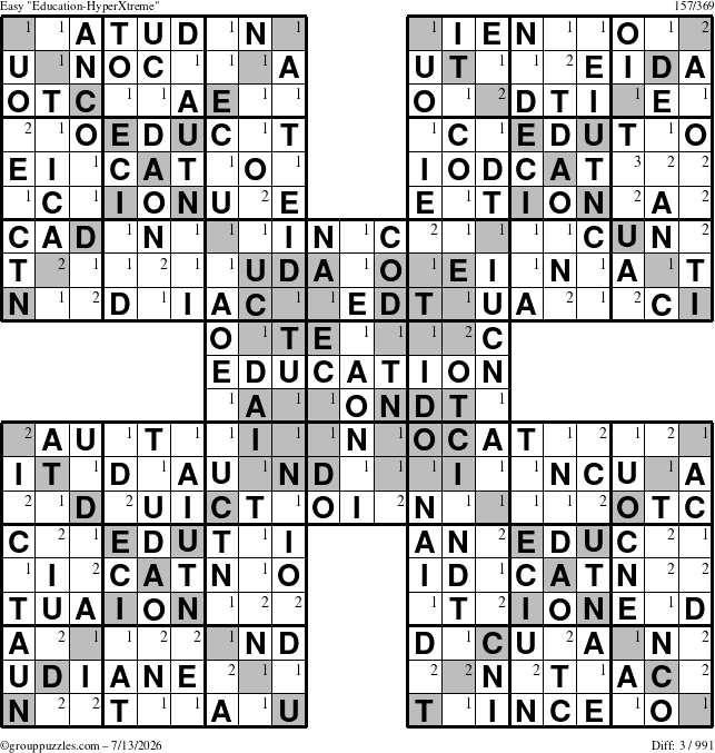 The grouppuzzles.com Easy Education-HyperXtreme puzzle for Monday July 13, 2026 with the first 3 steps marked