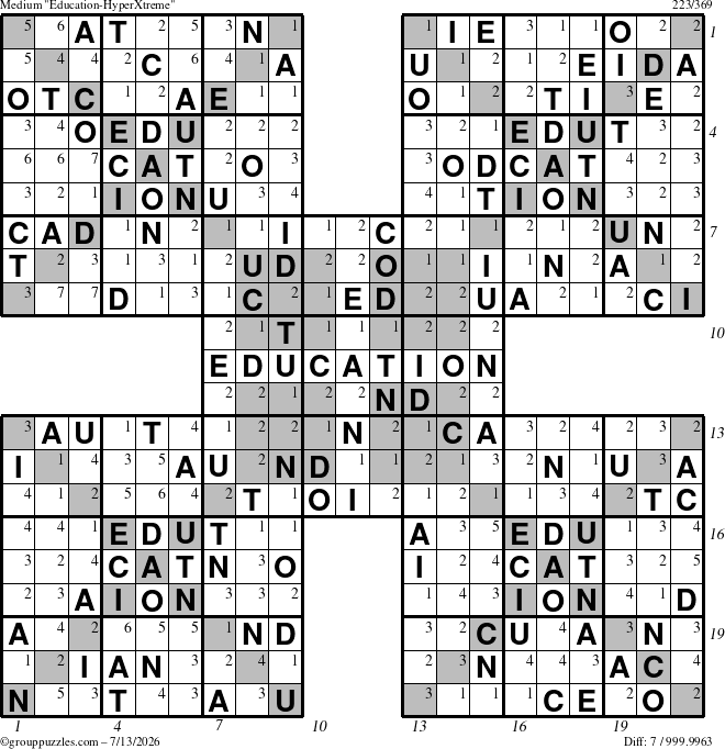 The grouppuzzles.com Medium Education-HyperXtreme puzzle for Monday July 13, 2026, suitable for printing, with all 7 steps marked