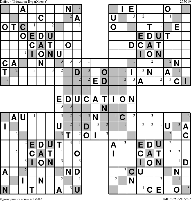The grouppuzzles.com Difficult Education-HyperXtreme puzzle for Monday July 13, 2026 with the first 3 steps marked